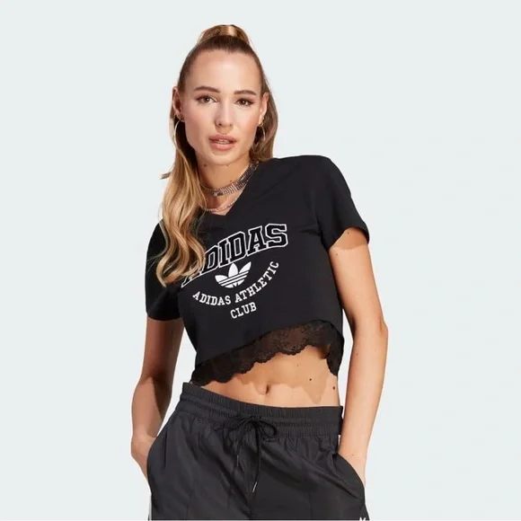 adidas Originals Size Medium Cropped Lace Trim T-Shirt Black White Crop V-Neck - Picture 4 of 8